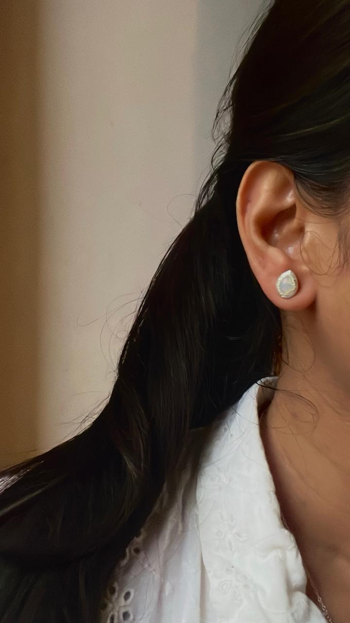 Hammered Silver Studs with Pear-Shaped Ethiopian Opal Gemstones