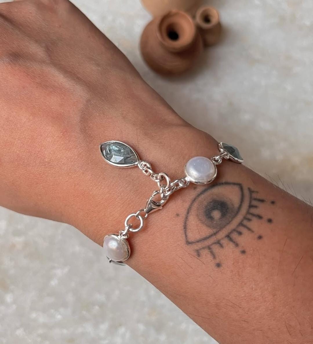 Handmade sterling silver bracelet with kyanite and pearls