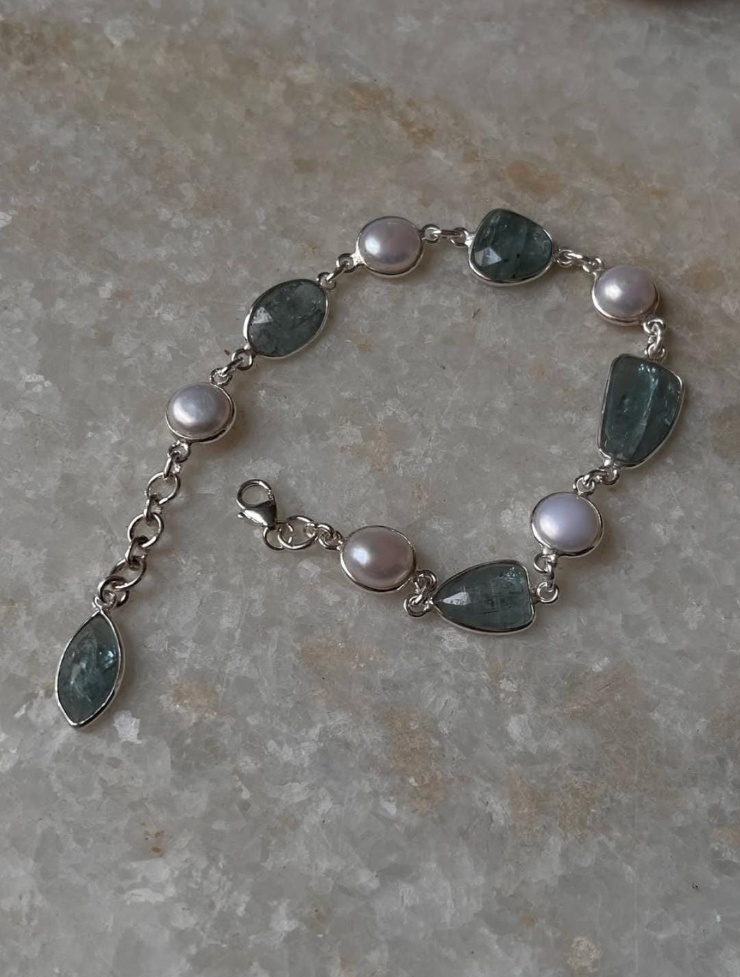 Handcrafted kyanite and pearl sterling silver bracelet