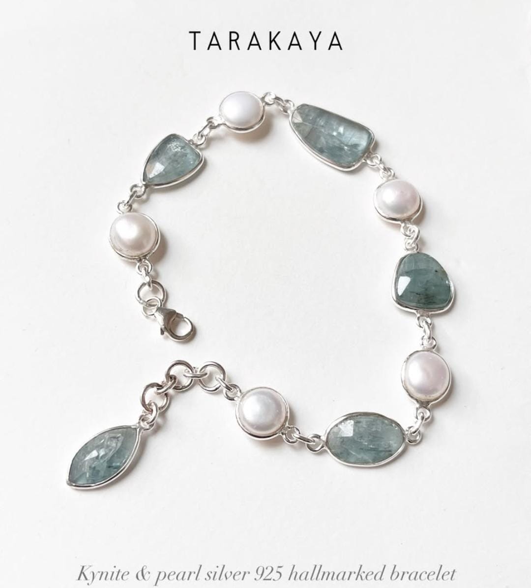 Kyanite and freshwater pearl 925 sterling silver bracelet