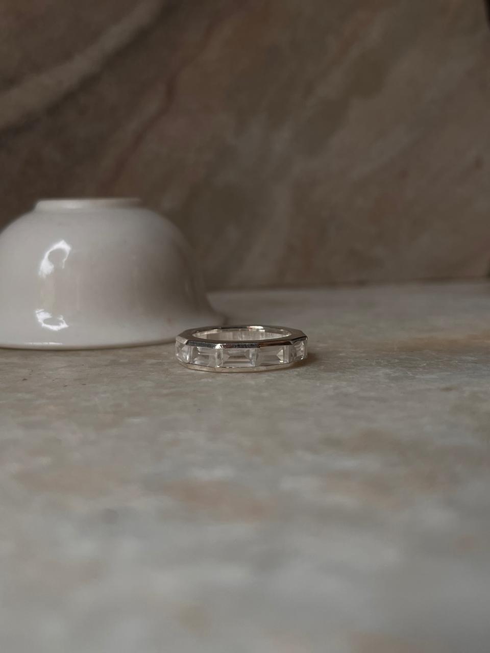 Clear Quartz Five Baguette Stone 925 Sterling Silver Ring