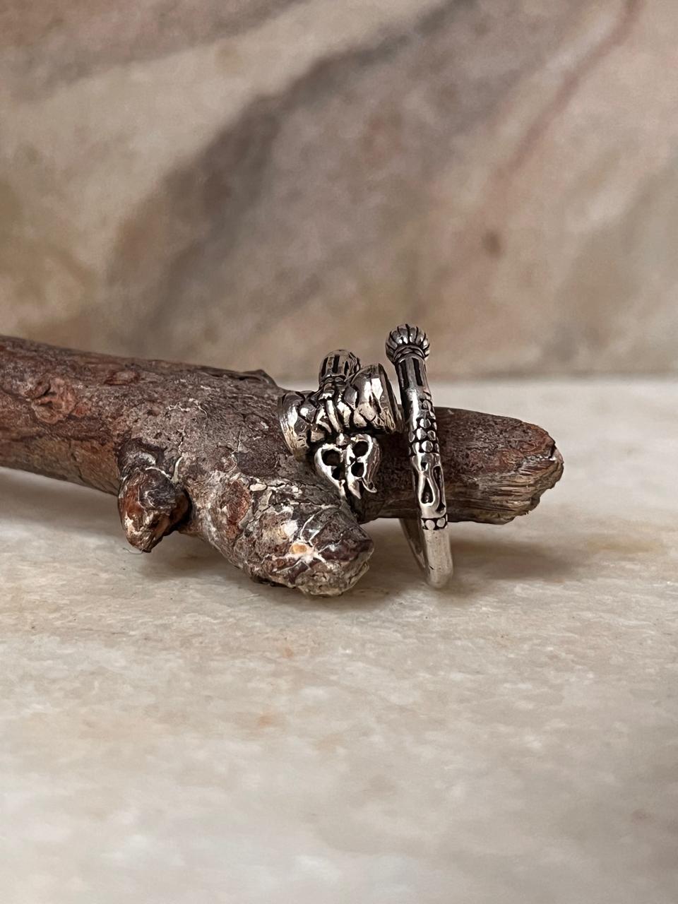 Damru Trishul Adjustable 925 Sterling Silver Ring