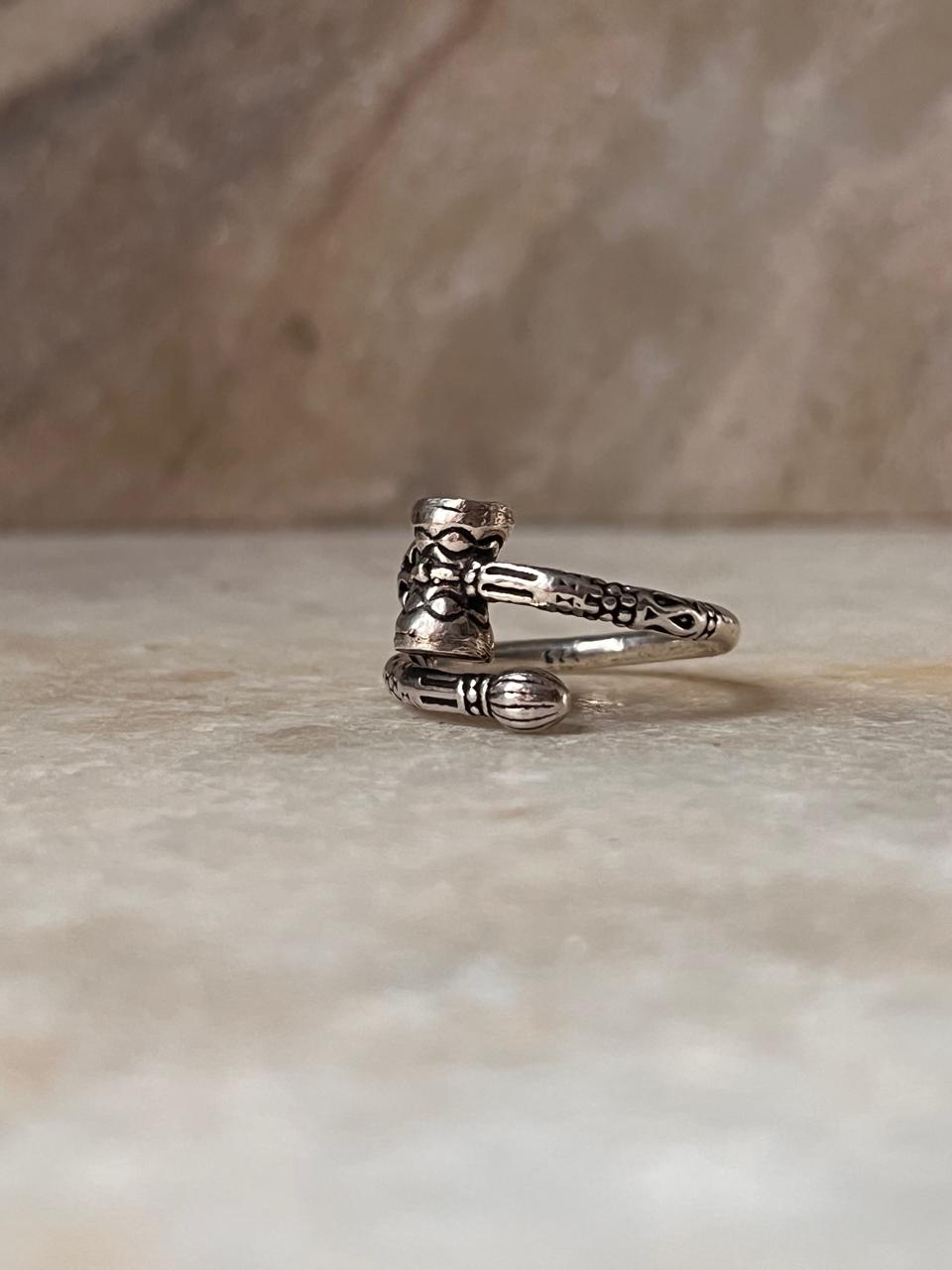 Damru Trishul Adjustable 925 Sterling Silver Ring