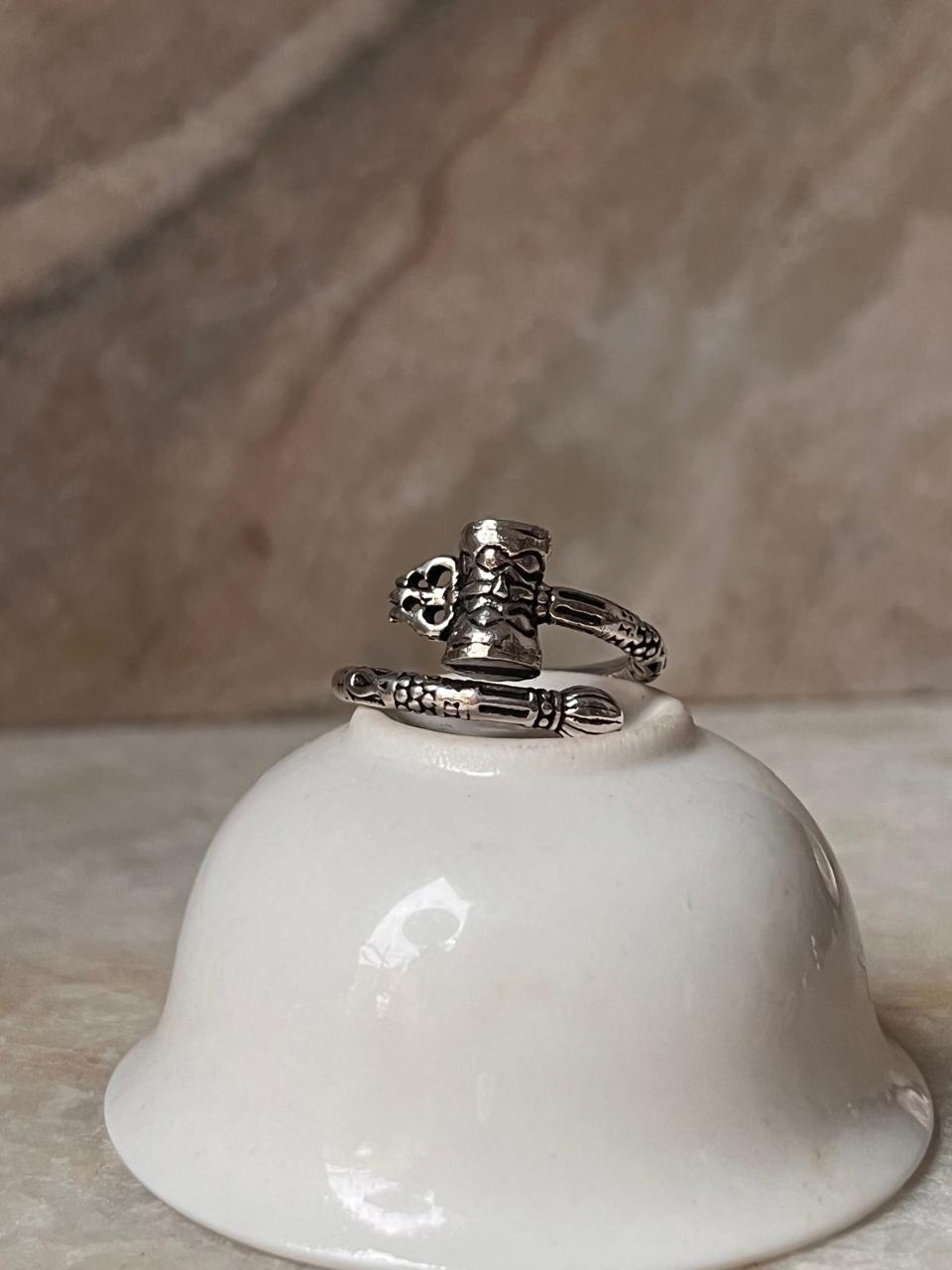 Damru Trishul Adjustable 925 Sterling Silver Ring