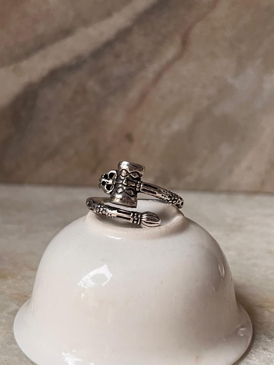 Damru Trishul Adjustable 925 Sterling Silver Ring