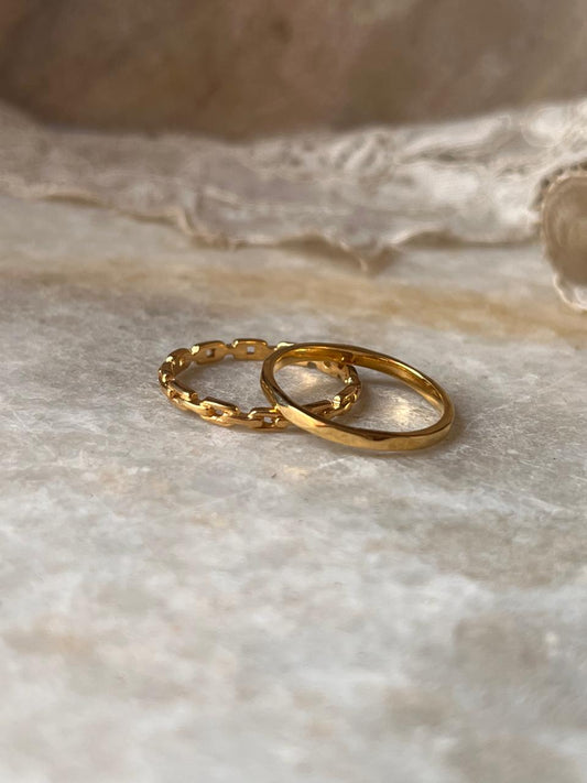 Gold Vermeil Hammered & Thin Link Band Stack Set 925 Sterling Silver Ring