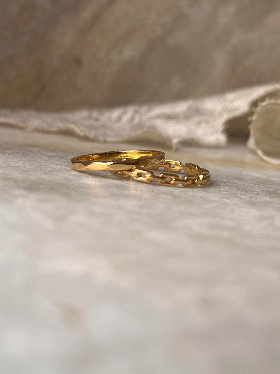 Gold Vermeil Hammered & Thin Link Band Stack Set 925 Sterling Silver Ring