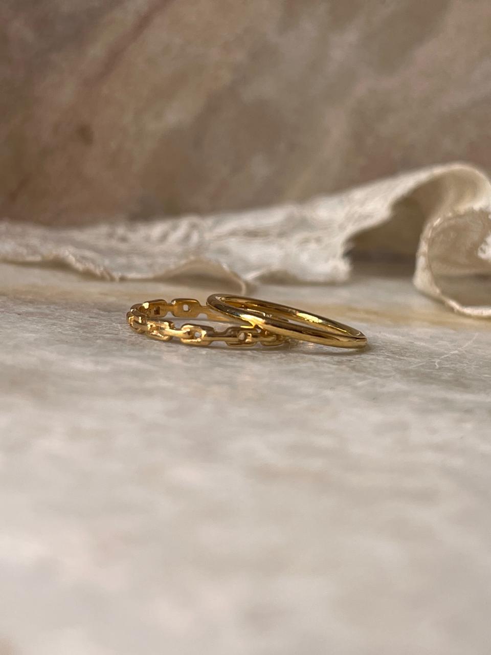 Gold Vermeil Plain Round & Thin Link Band Stack Set 925 Sterling Silver Ring