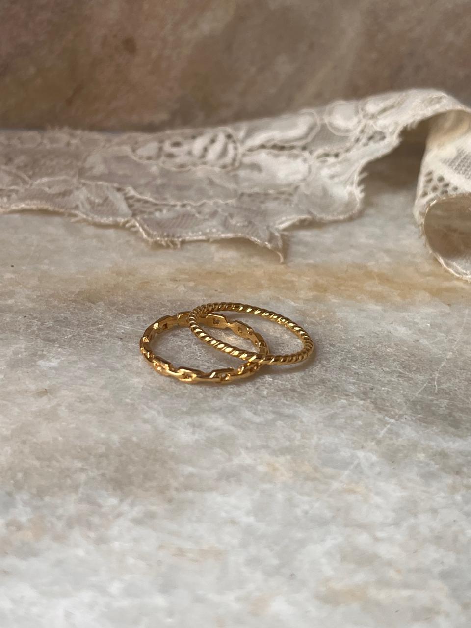 Gold Vermeil Rope & Thin Link Band Stack Set 925 Sterling Silver Ring