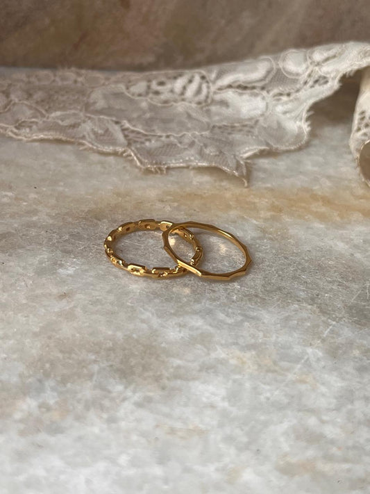 Gold Vermeil Star Hammered & Thin Link Band Stack Set 925 Sterling Silver Ring