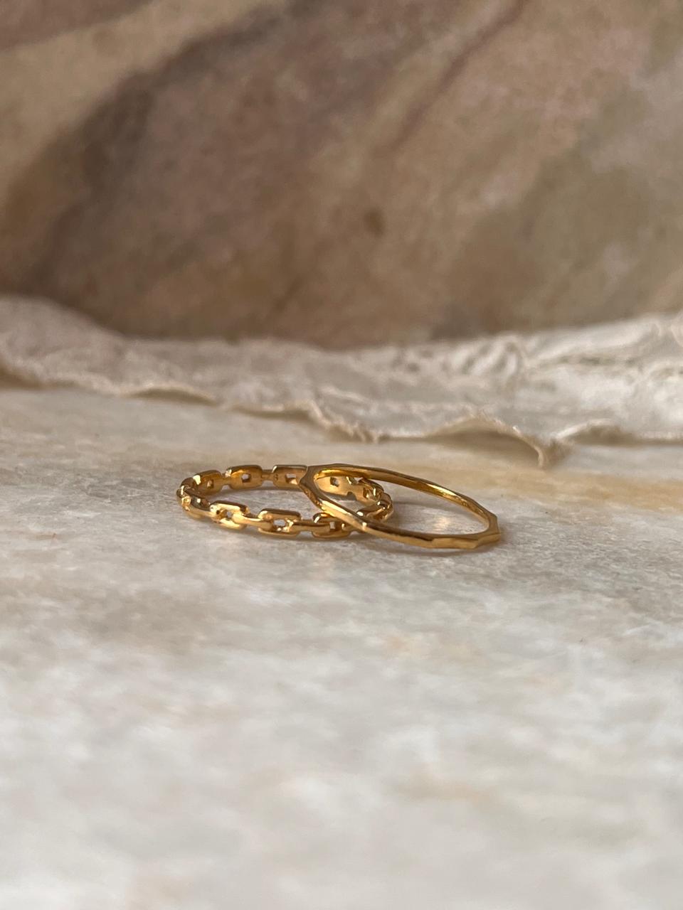 Gold Vermeil Star Hammered & Thin Link Band Stack Set 925 Sterling Silver Ring