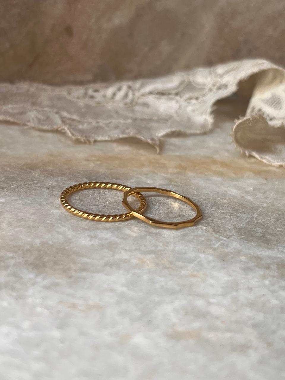 Gold Vermeil Rope & Star Hammered Stack Set 925 Sterling Silver Ring