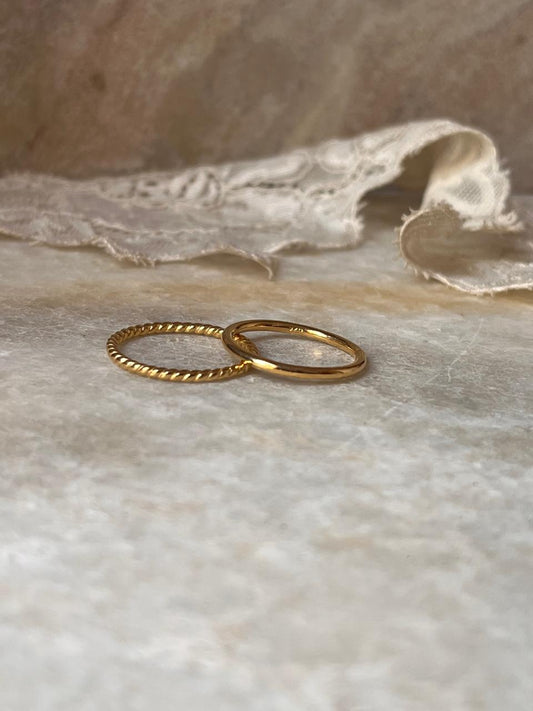 Gold Vermeil Rope & Plain Round Band Stack Set 925 Sterling Silver Ring