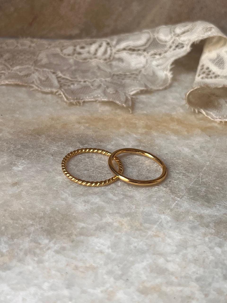 Gold Vermeil Rope & Plain Round Band Stack Set 925 Sterling Silver Ring