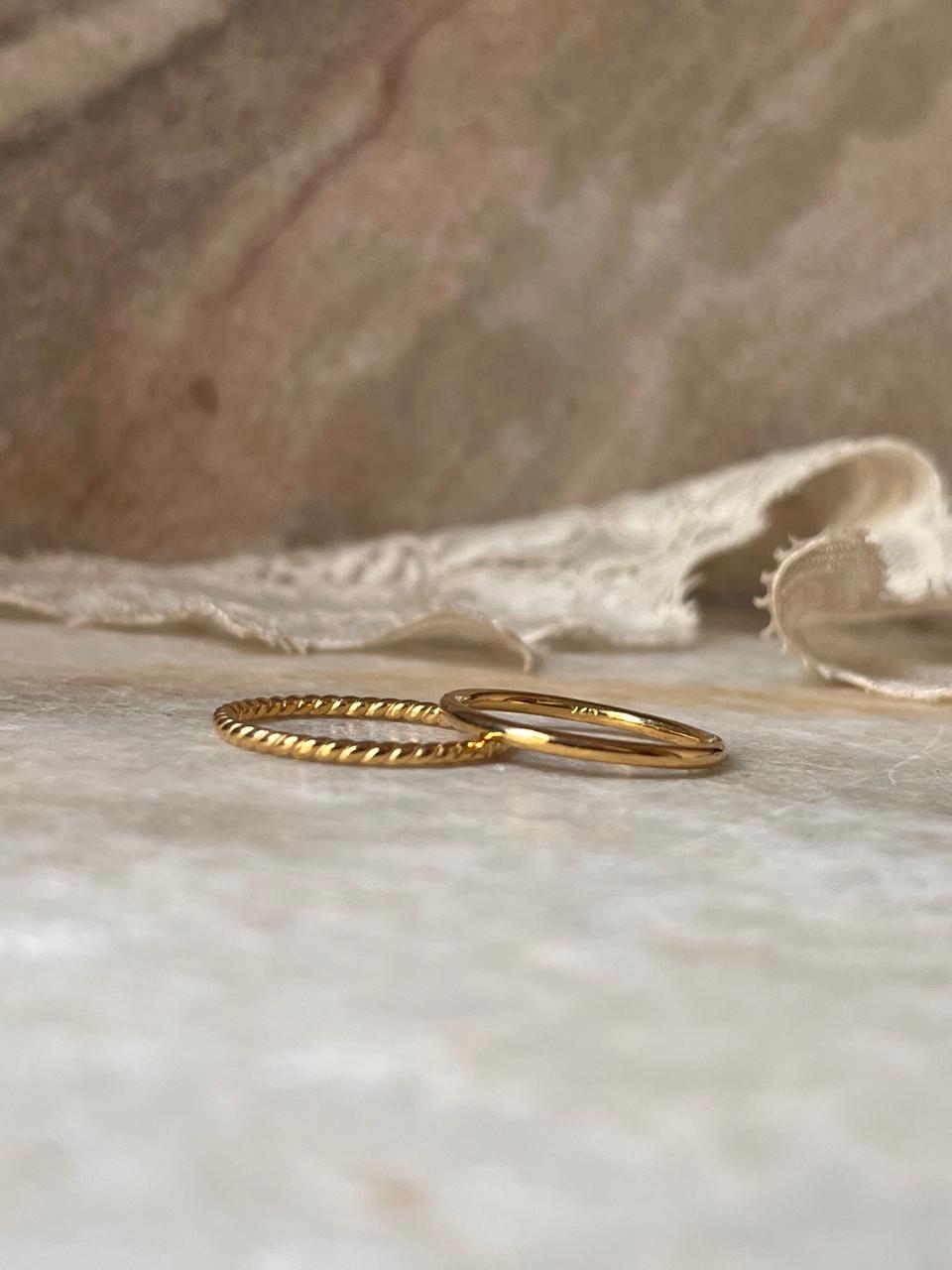 Gold Vermeil Rope & Plain Round Band Stack Set 925 Sterling Silver Ring