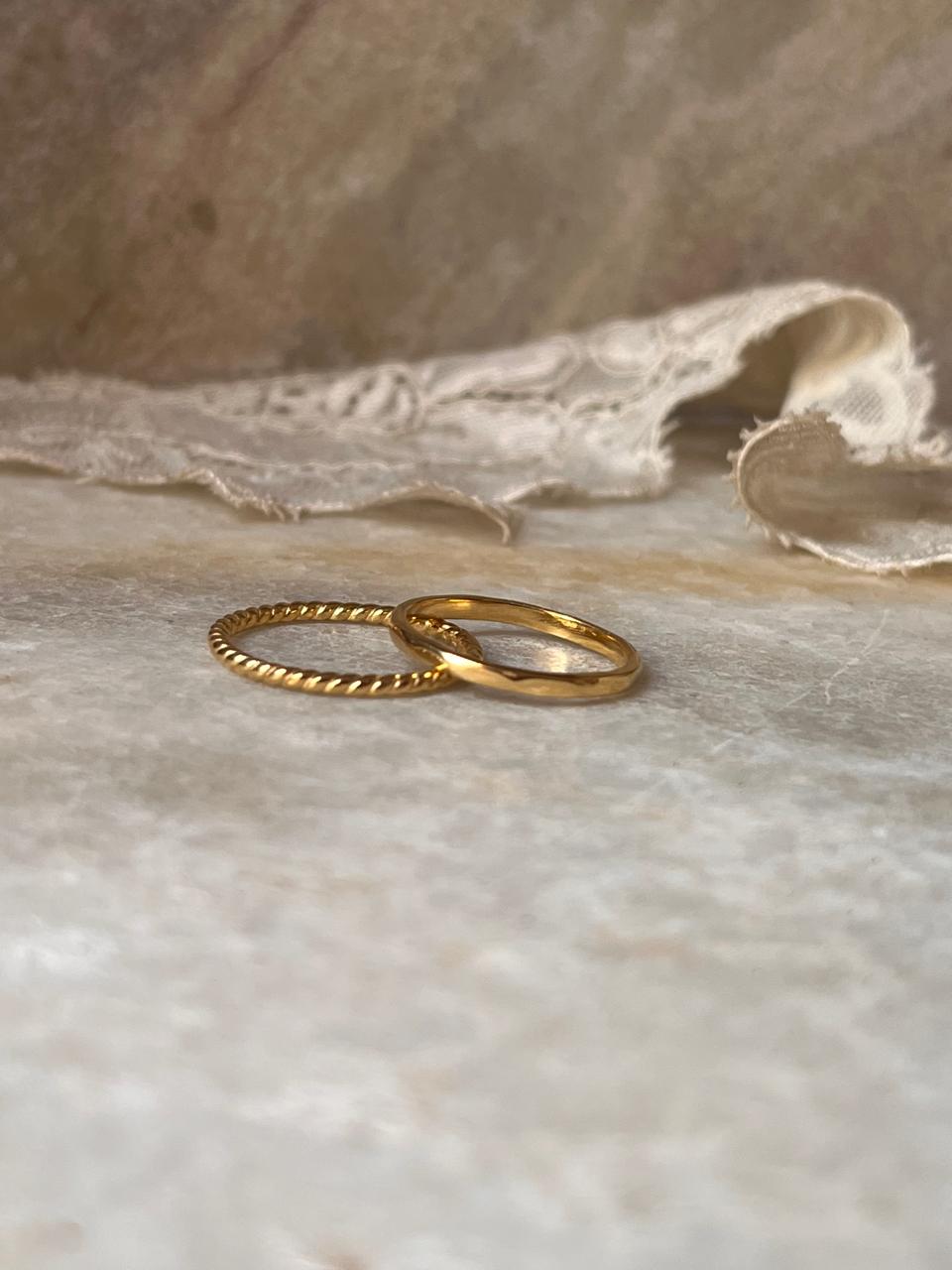 Gold Vermeil Rope & Hammered Band Stack Set 925 Sterling Silver Ring