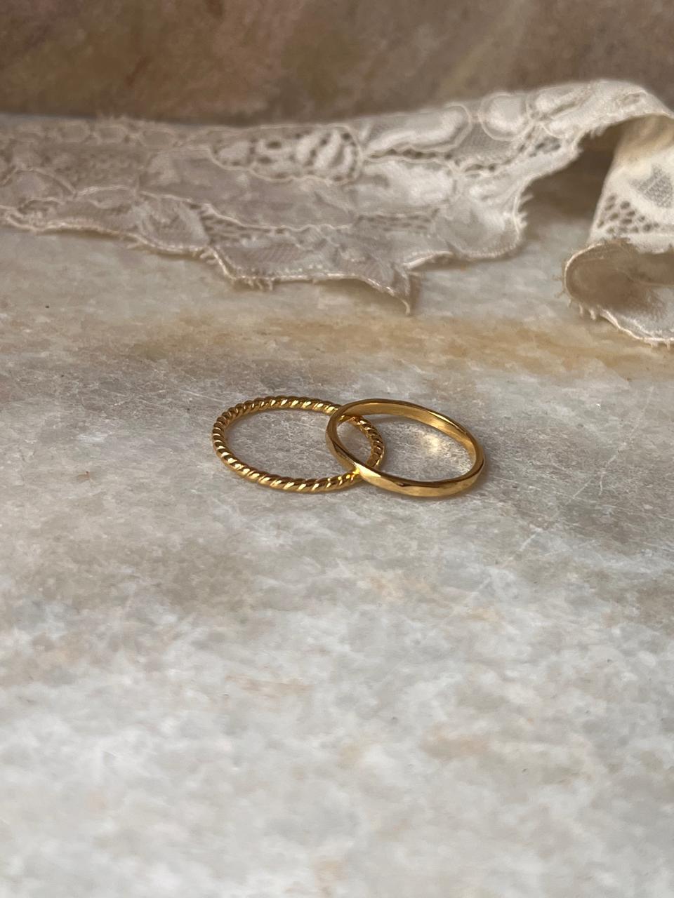 Gold Vermeil Rope & Hammered Band Stack Set 925 Sterling Silver Ring