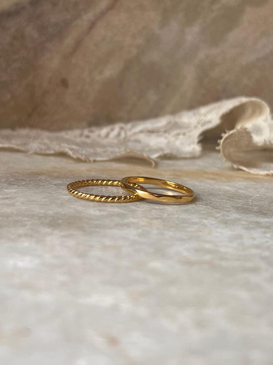 Gold Vermeil Rope & Hammered Band Stack Set 925 Sterling Silver Ring