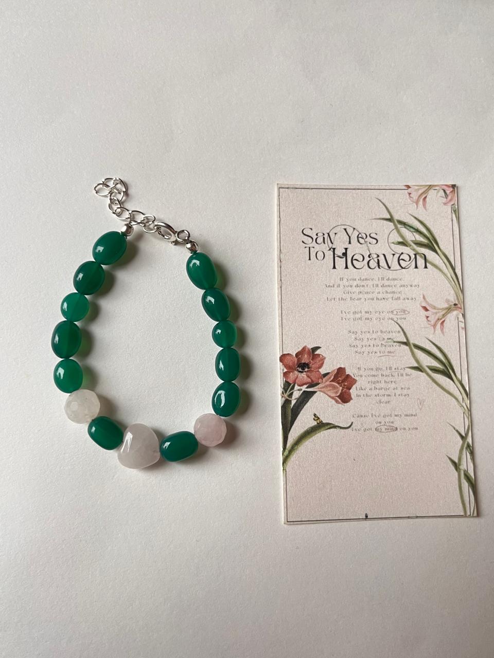 Love & Abundance Rose Quartz Heart & Green Onyx Tumble 925 Sterling Silver Bracelet