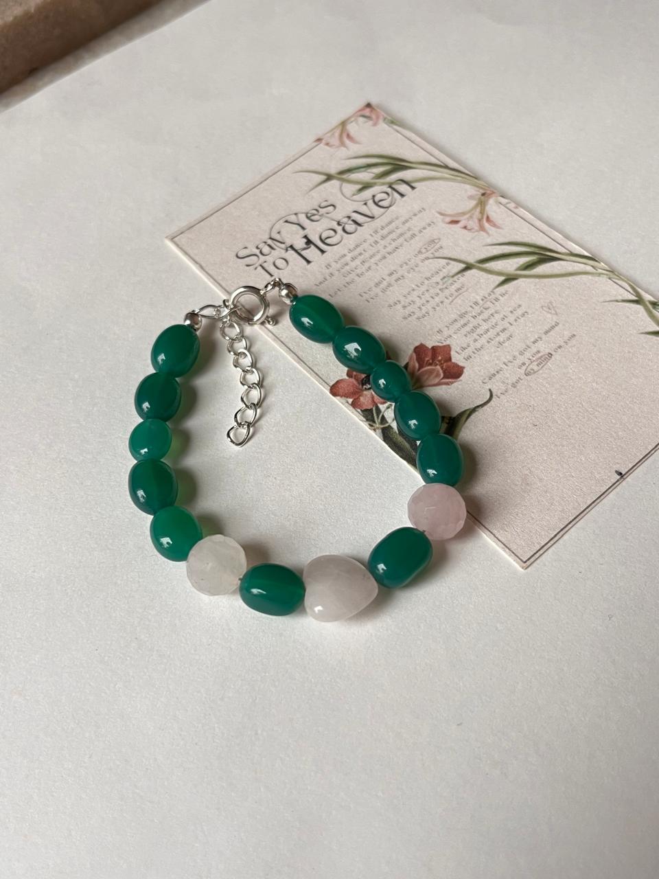 Love & Abundance Rose Quartz Heart & Green Onyx Tumble 925 Sterling Silver Bracelet