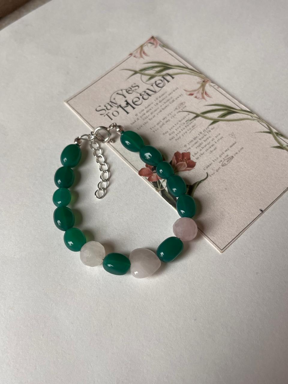 Love & Abundance Rose Quartz Heart & Green Onyx Tumble 925 Sterling Silver Bracelet