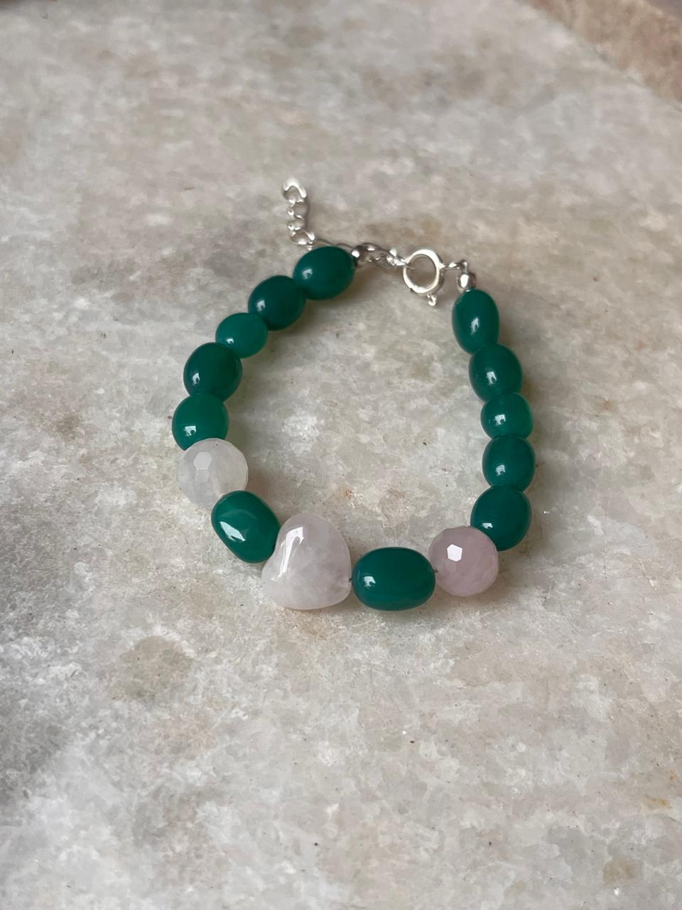 Love & Abundance Rose Quartz Heart & Green Onyx Tumble 925 Sterling Silver Bracelet