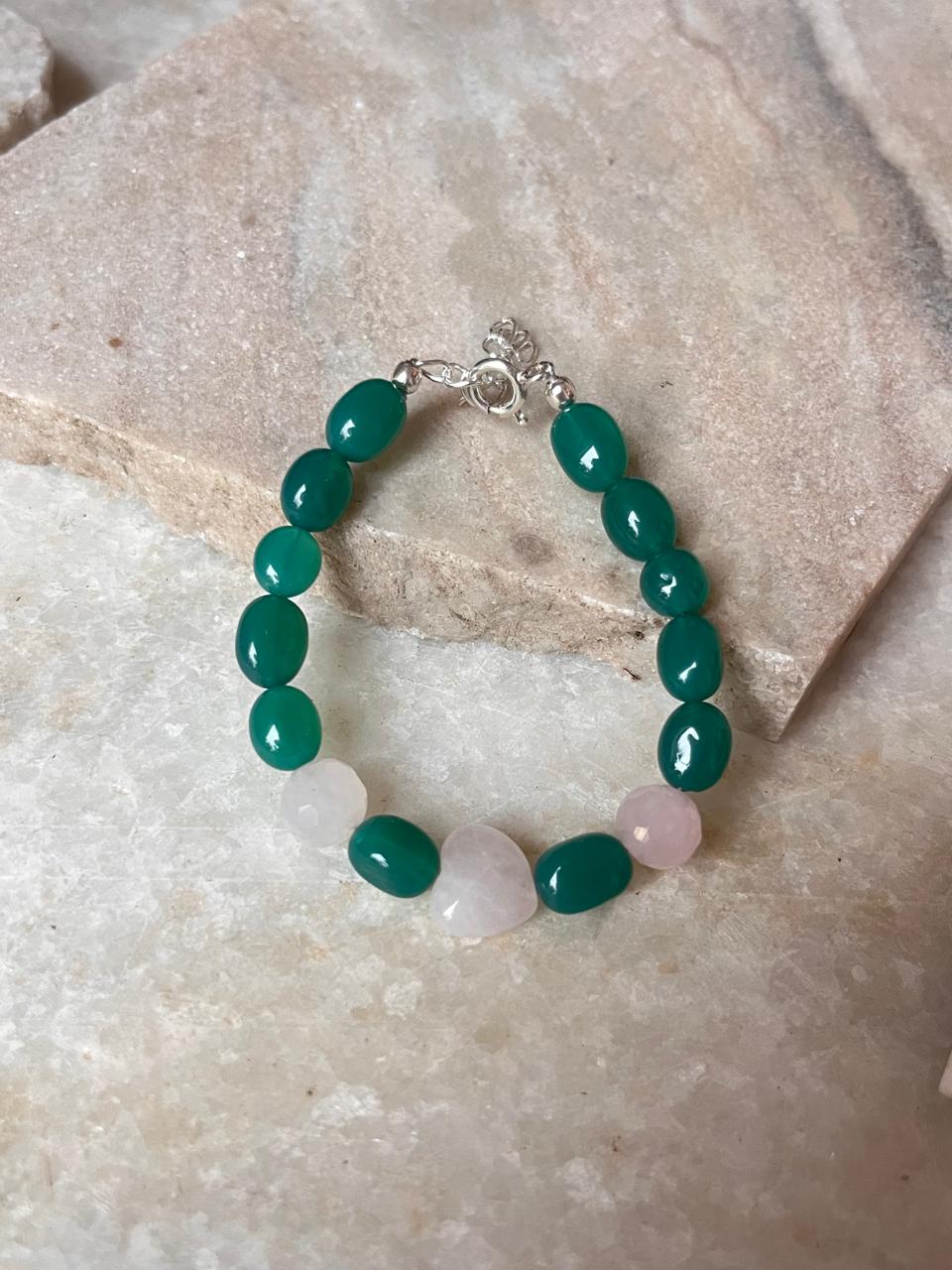Love & Abundance Rose Quartz Heart & Green Onyx Tumble 925 Sterling Silver Bracelet