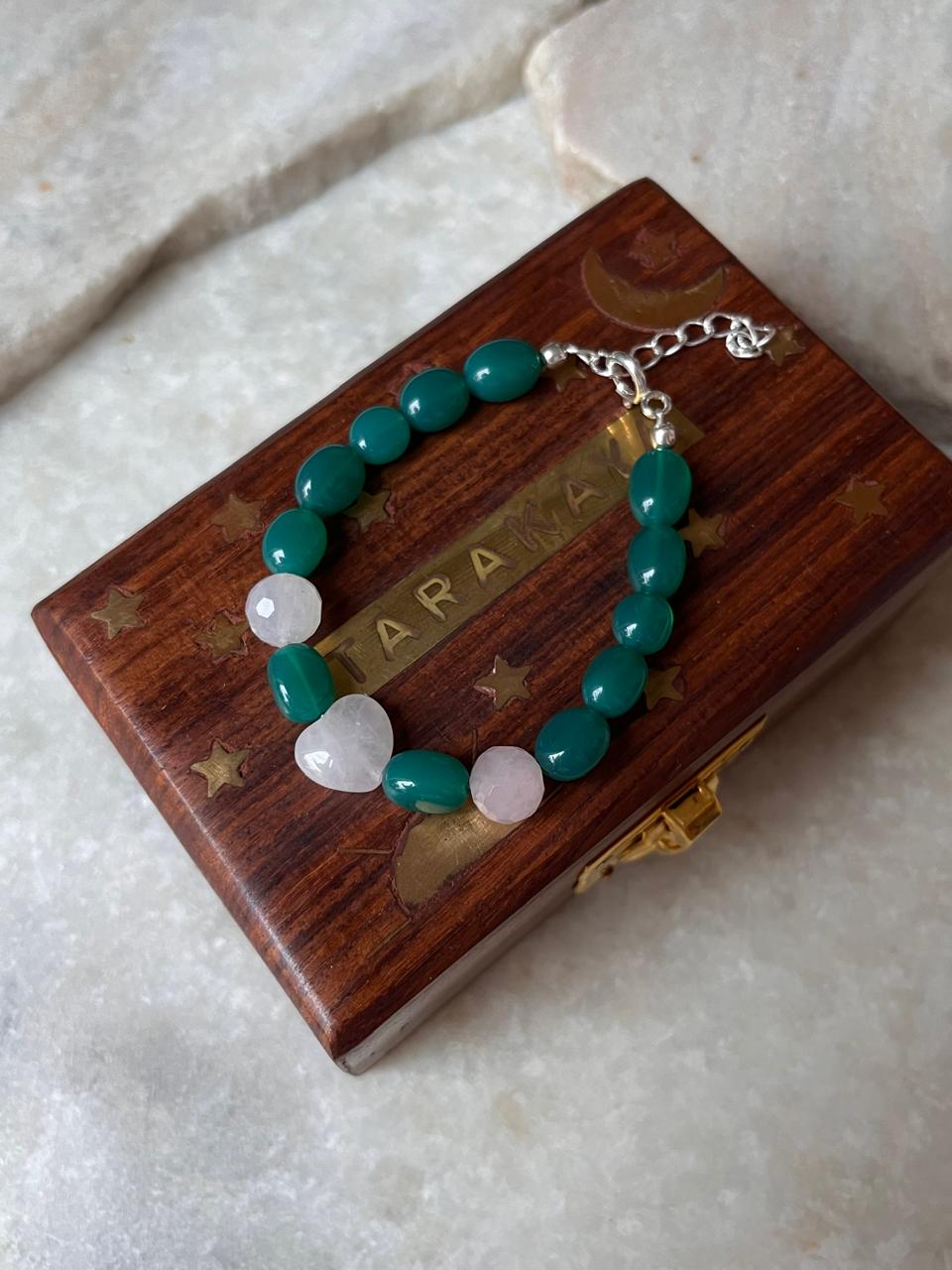 Love & Abundance Rose Quartz Heart & Green Onyx Tumble 925 Sterling Silver Bracelet