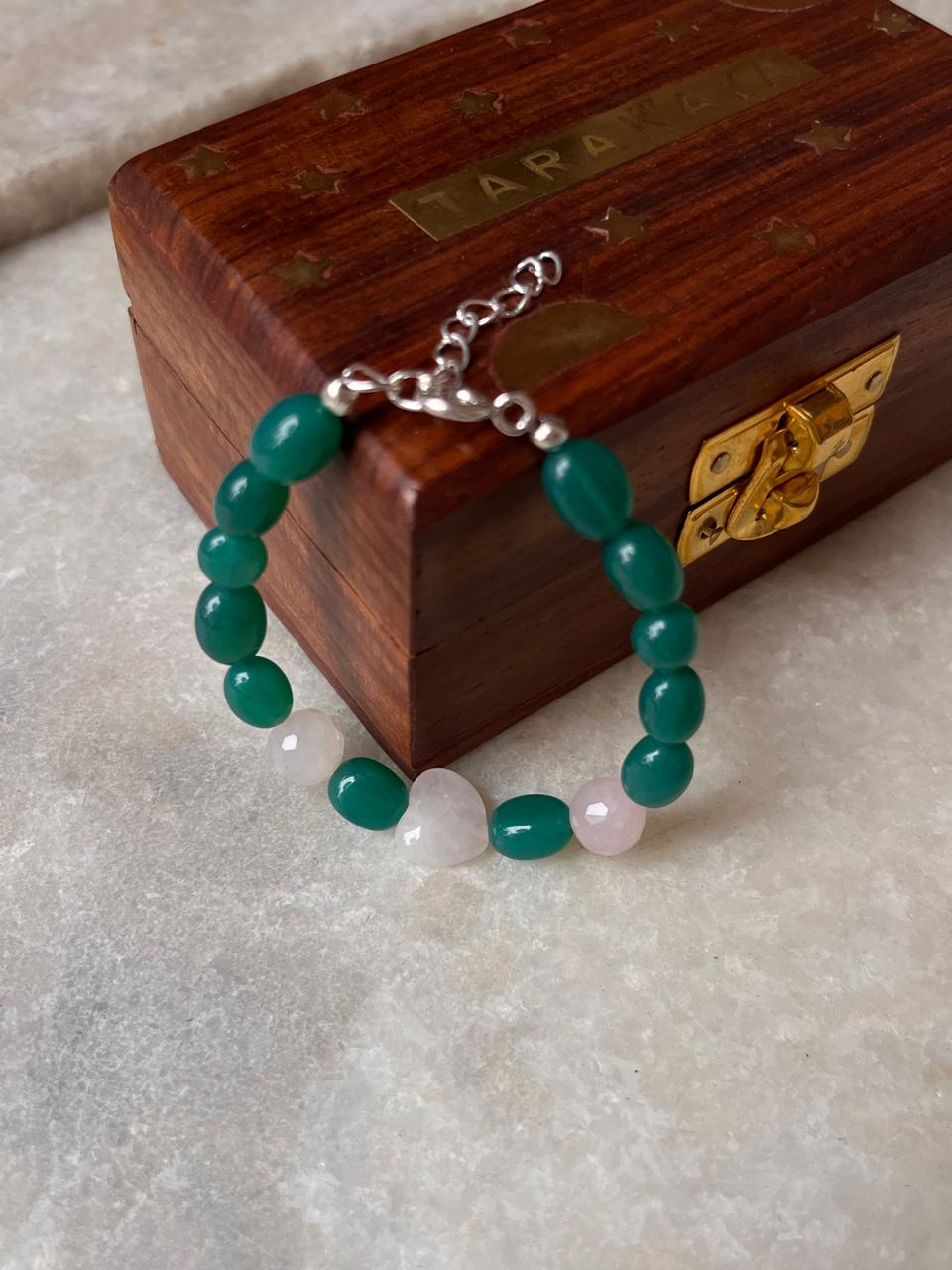 Love & Abundance Rose Quartz Heart & Green Onyx Tumble 925 Sterling Silver Bracelet