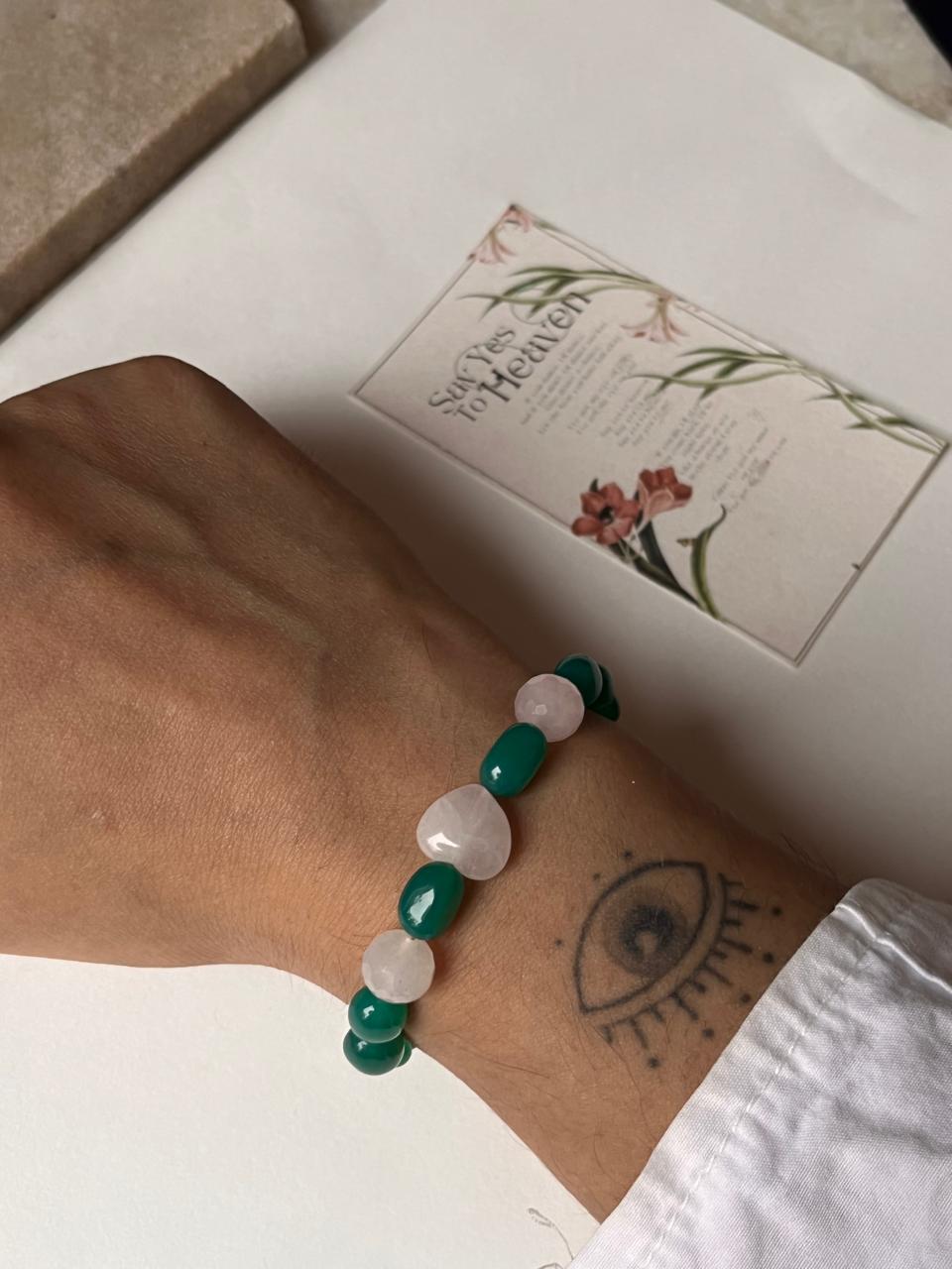 Love & Abundance Rose Quartz Heart & Green Onyx Tumble 925 Sterling Silver Bracelet