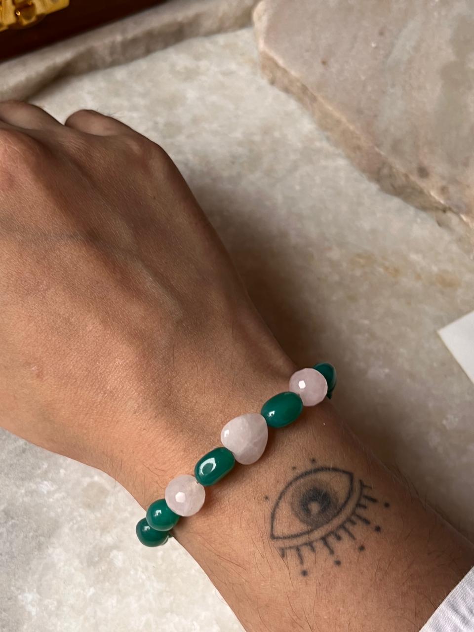 Love & Abundance Rose Quartz Heart & Green Onyx Tumble 925 Sterling Silver Bracelet