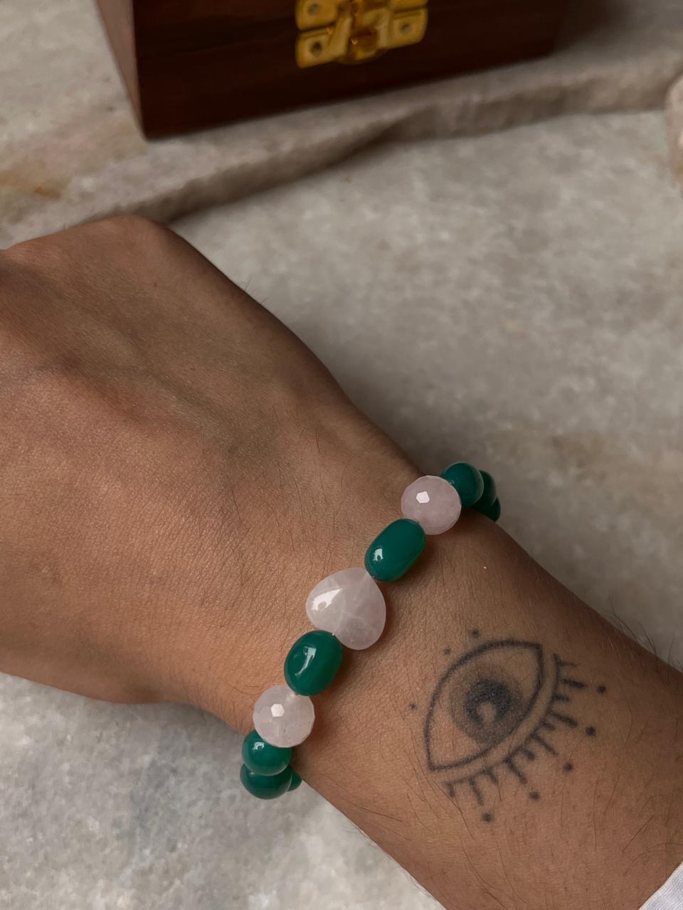 Love & Abundance Rose Quartz Heart & Green Onyx Tumble 925 Sterling Silver Bracelet