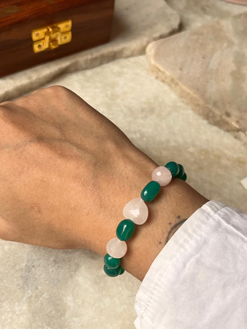 Love & Abundance Rose Quartz Heart & Green Onyx Tumble 925 Sterling Silver Bracelet