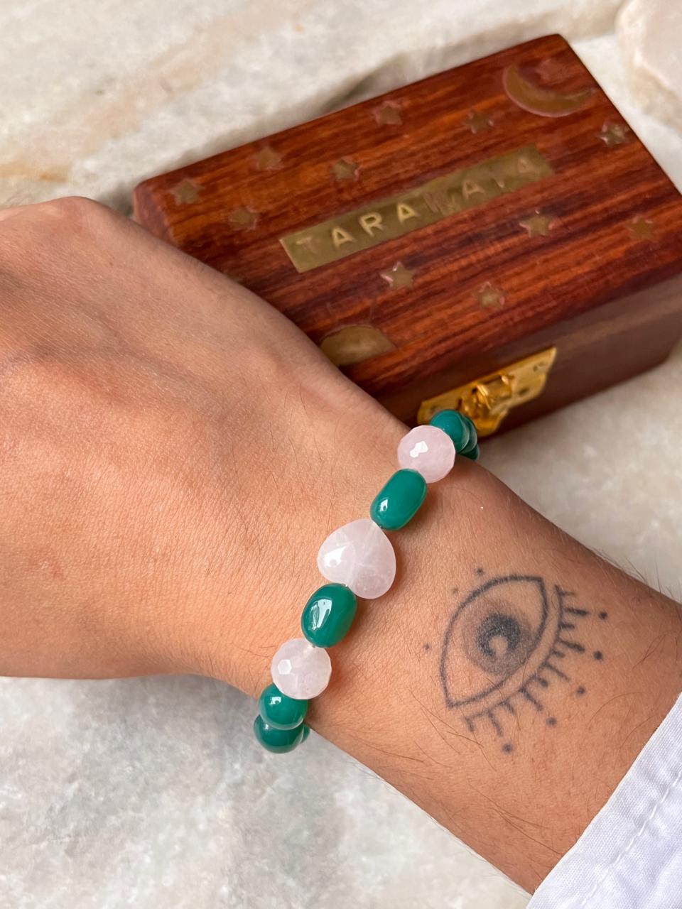 Love & Abundance Rose Quartz Heart & Green Onyx Tumble 925 Sterling Silver Bracelet