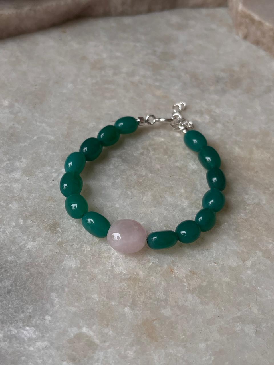 Love & Abundance Rose Quartz & Green Onyx Tumble 925 Sterling Silver Bracelet
