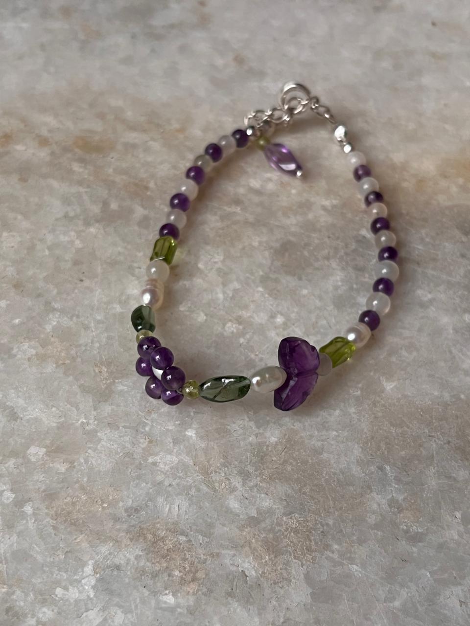 Floral Garden 2 Handcrafted Natural Gemstone 925 Sterling Silver Bracelet