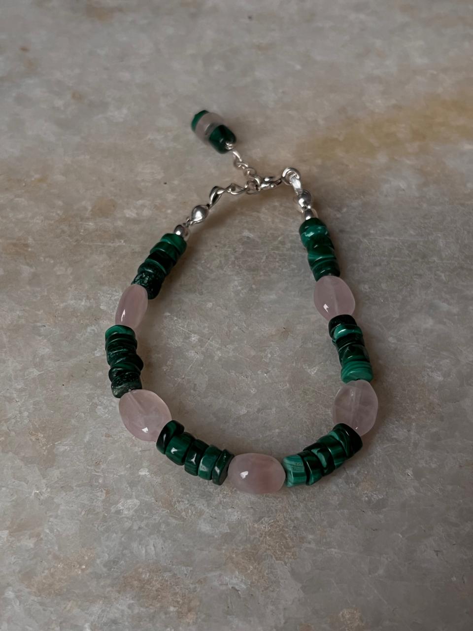 Malachite & Rose Quartz Handcrafted 925 Sterling Silver Bracelet