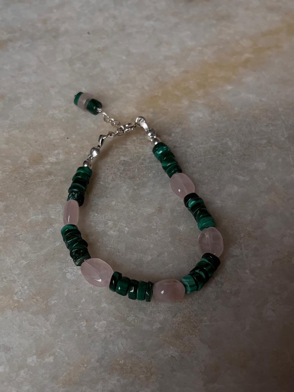Malachite & Rose Quartz Handcrafted 925 Sterling Silver Bracelet