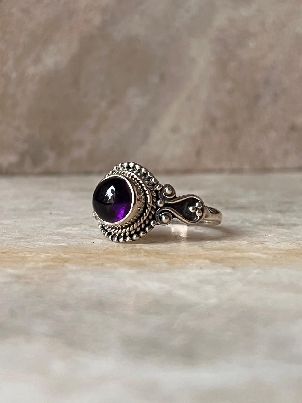 Amethyst Round Boho 925 Sterling Silver Ring