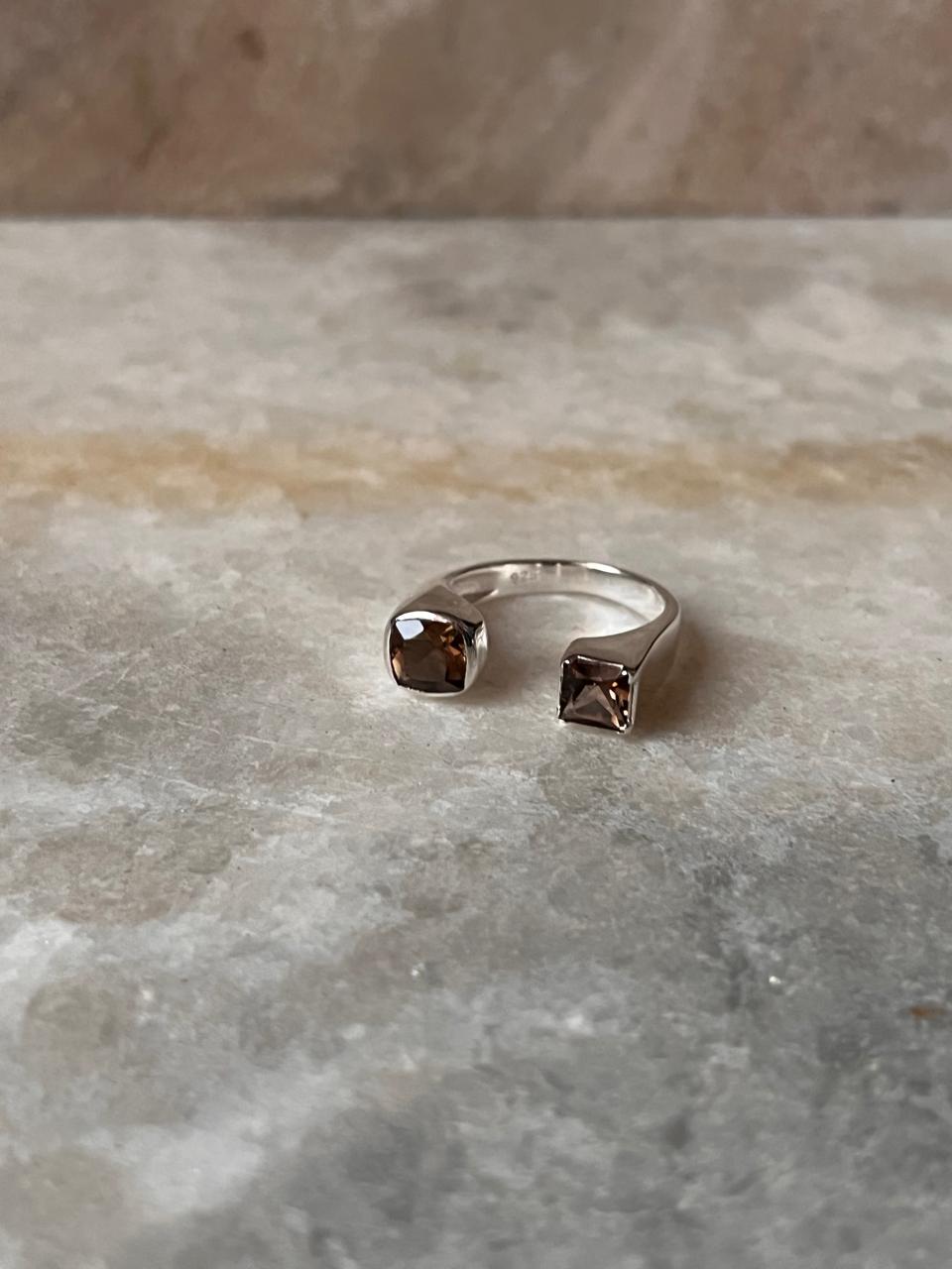 Smokey Quartz Double Square 925 Sterling Silver Ring