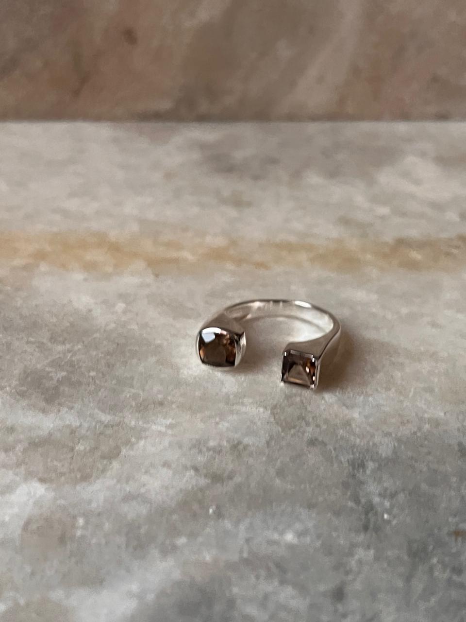 Smokey Quartz Double Square 925 Sterling Silver Ring