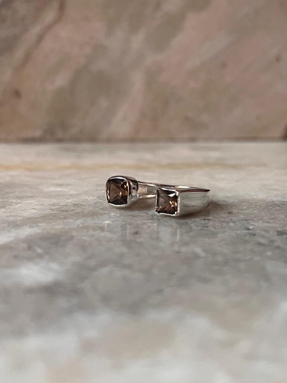 Smokey Quartz Double Square 925 Sterling Silver Ring