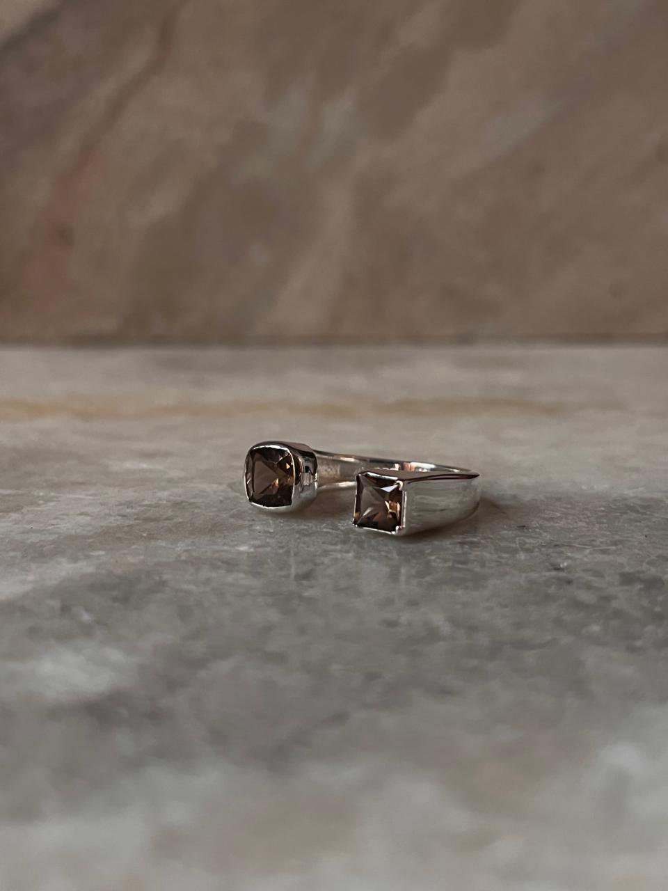 Smokey Quartz Double Square 925 Sterling Silver Ring