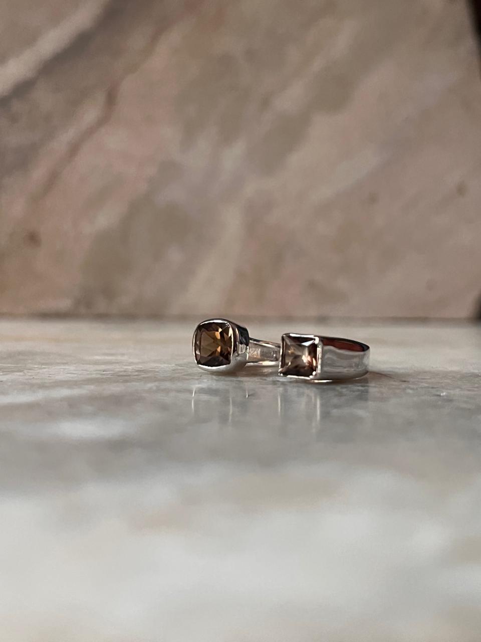 Smokey Quartz Double Square 925 Sterling Silver Ring