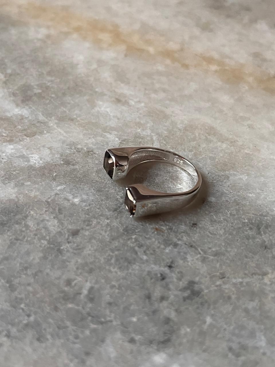 Smokey Quartz Double Square 925 Sterling Silver Ring