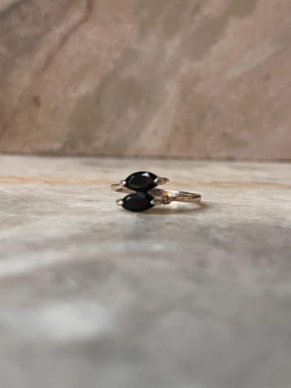 Black Onyx Marquise Double Stone Cut 925 Sterling Silver Ring