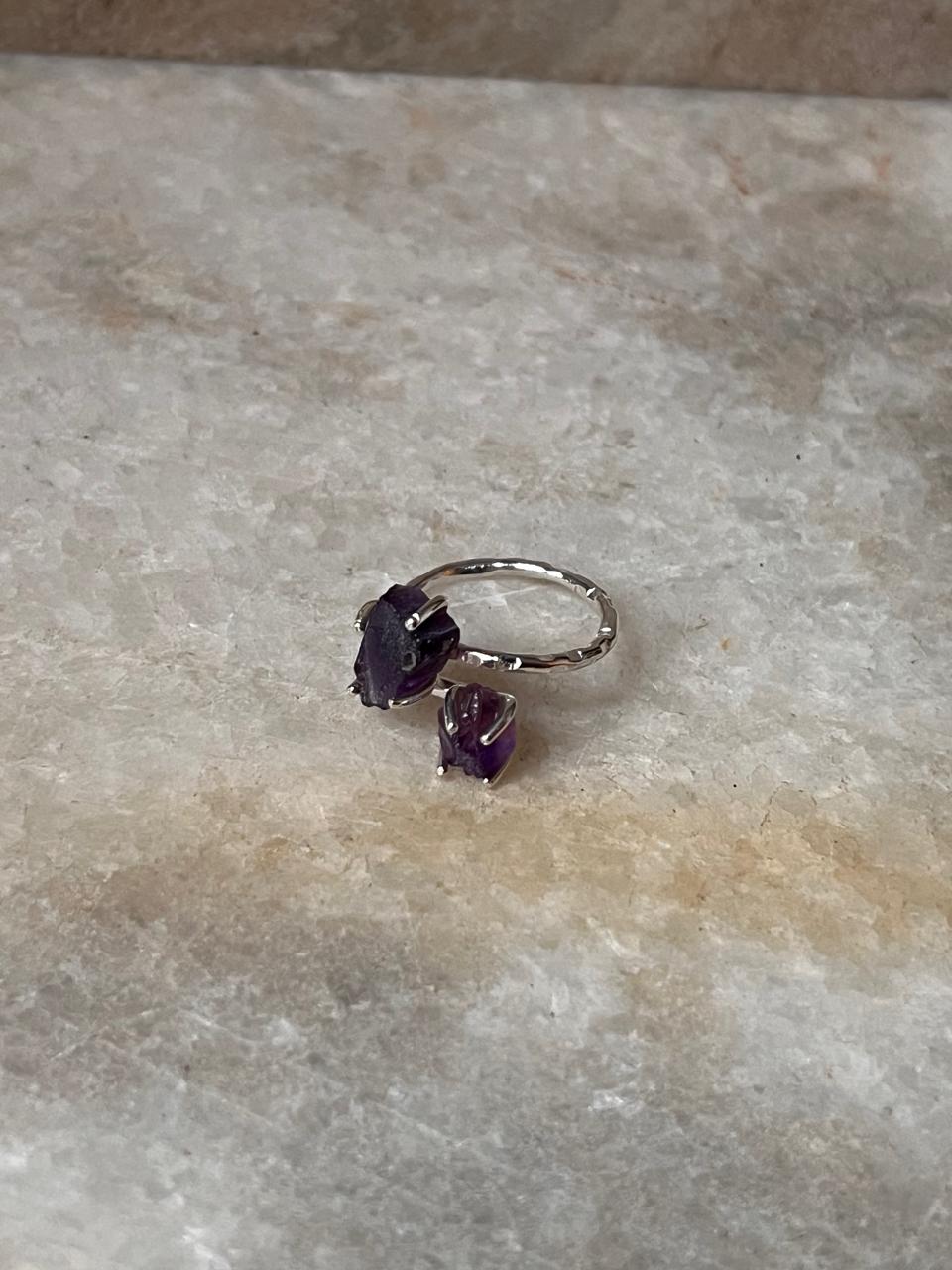 Amethyst Double Raw Uncut Adjustable 925 Sterling Silver Ring