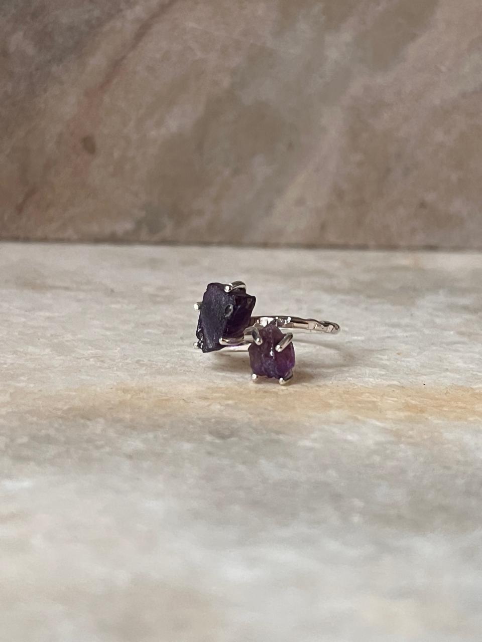 Amethyst Double Raw Uncut Adjustable 925 Sterling Silver Ring