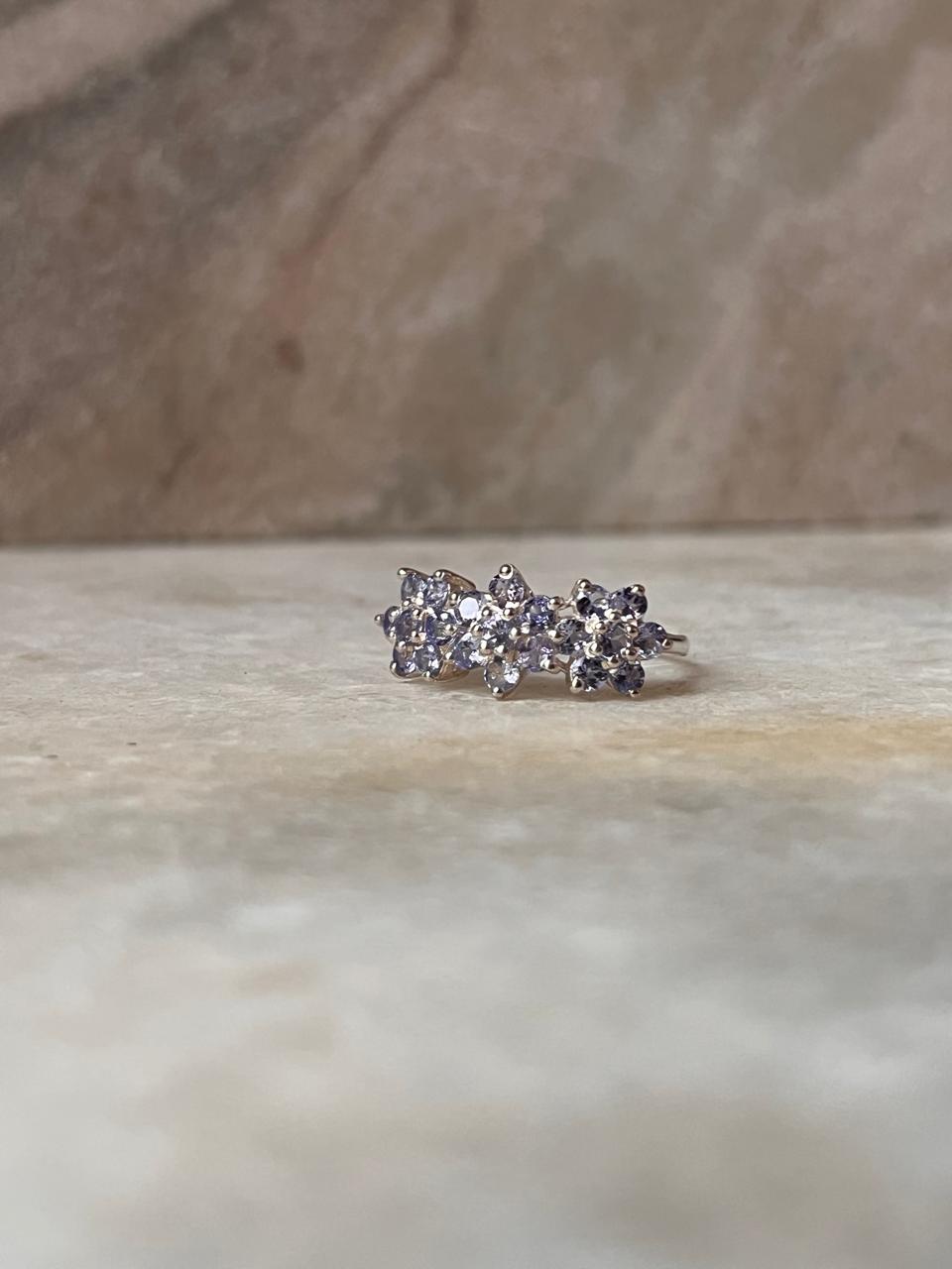 Natural Tanzanite Three Flowers Band 925 Sterling Silver Ring