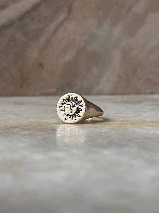 Sun Moon Engraved Signet 925 Sterling Silver Ring
